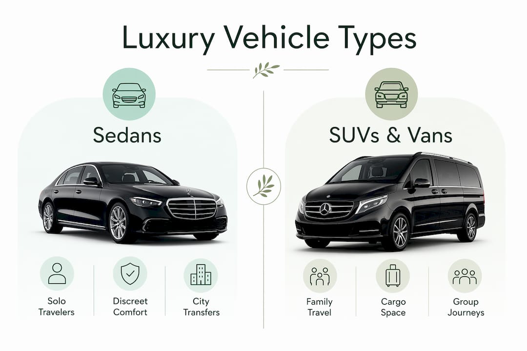 Infographic comparing luxury vehicle types for travel scenarios