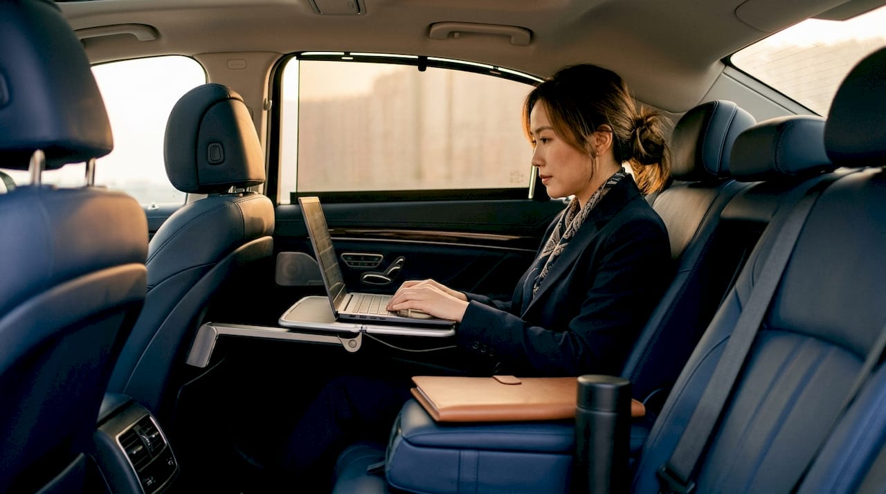 Businesswoman working in luxury car interior