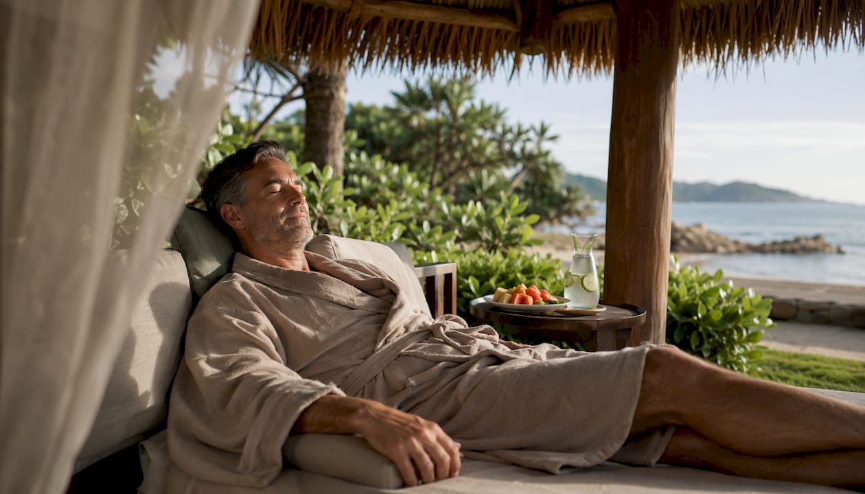 Man relaxing at luxury resort spa poolside