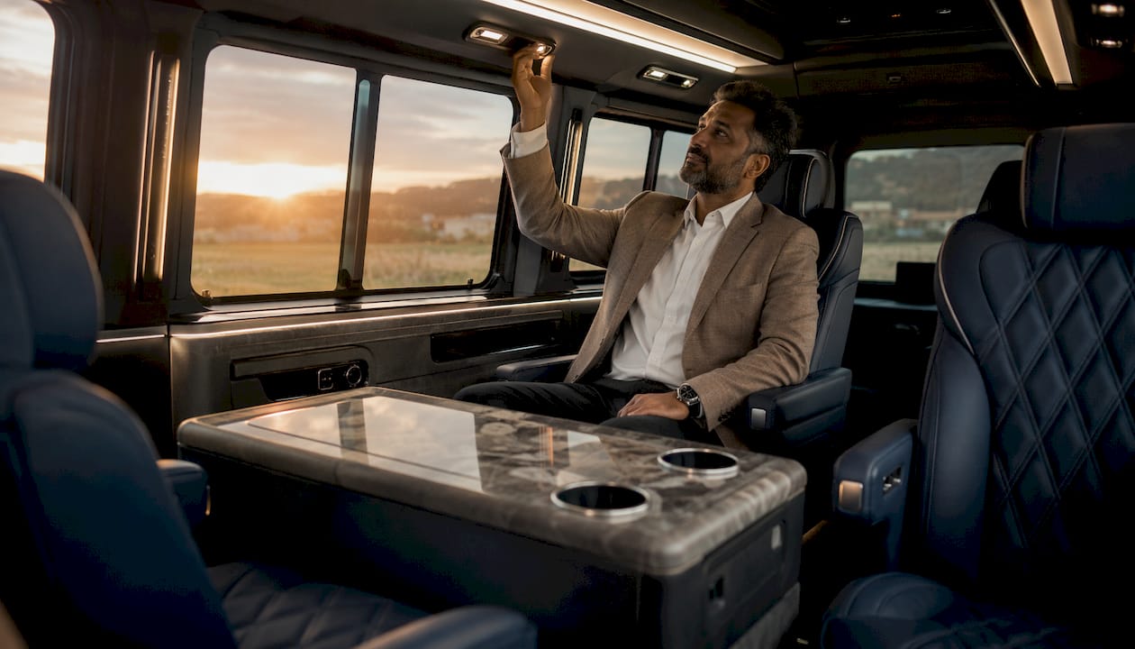 Luxury shuttle interior with leather seats and amenities