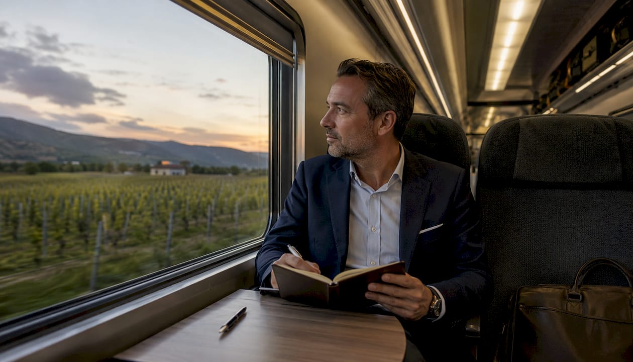 Business traveler inside Croatian train carriage