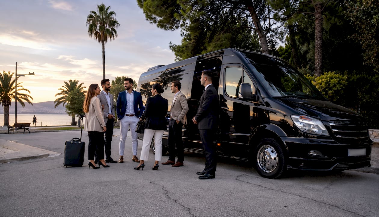 Corporate group boarding executive minibus