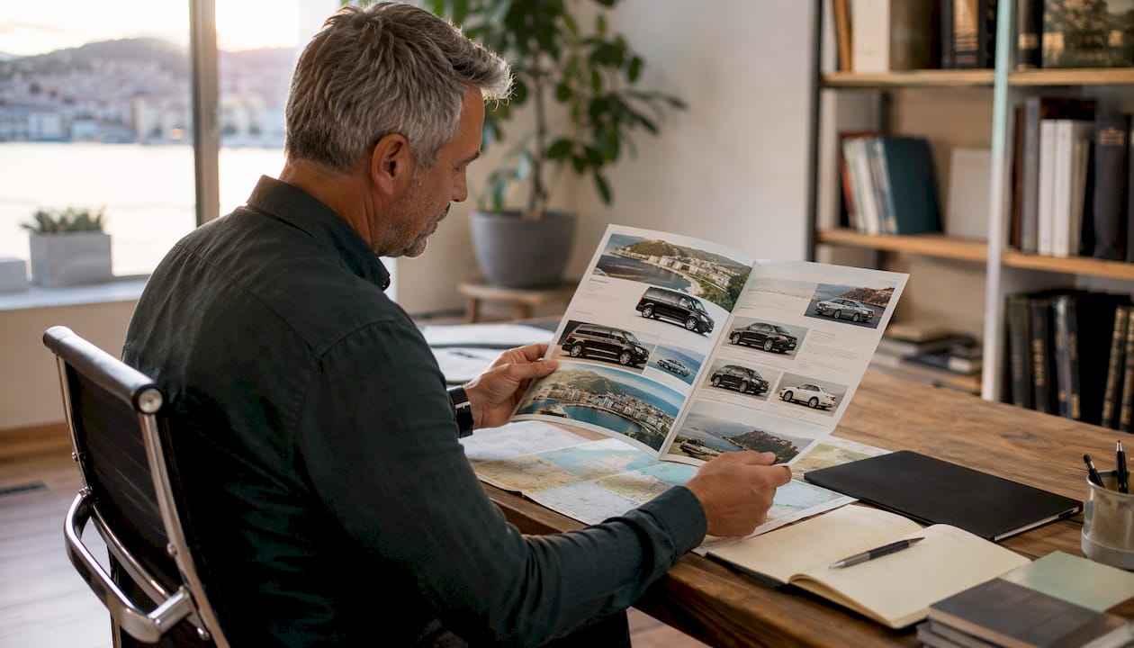 Agent pointing at vehicle class brochure for Croatia transfers