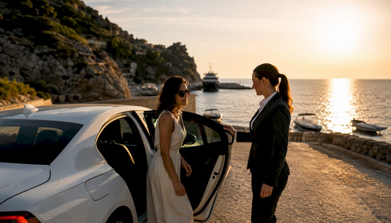Chauffeur opening car door near Croatian marina ferry