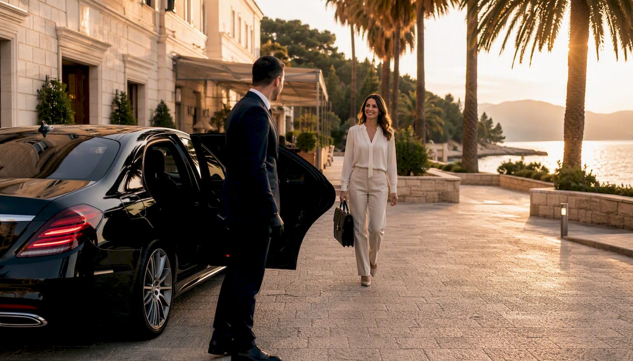 Executive sedan with chauffeur at hotel entrance