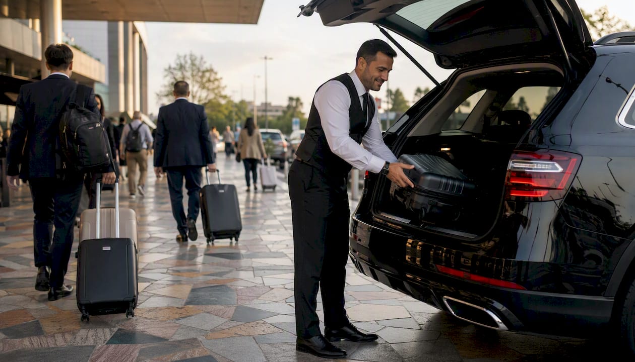 Driver loading luggage into airport pickup vehicle