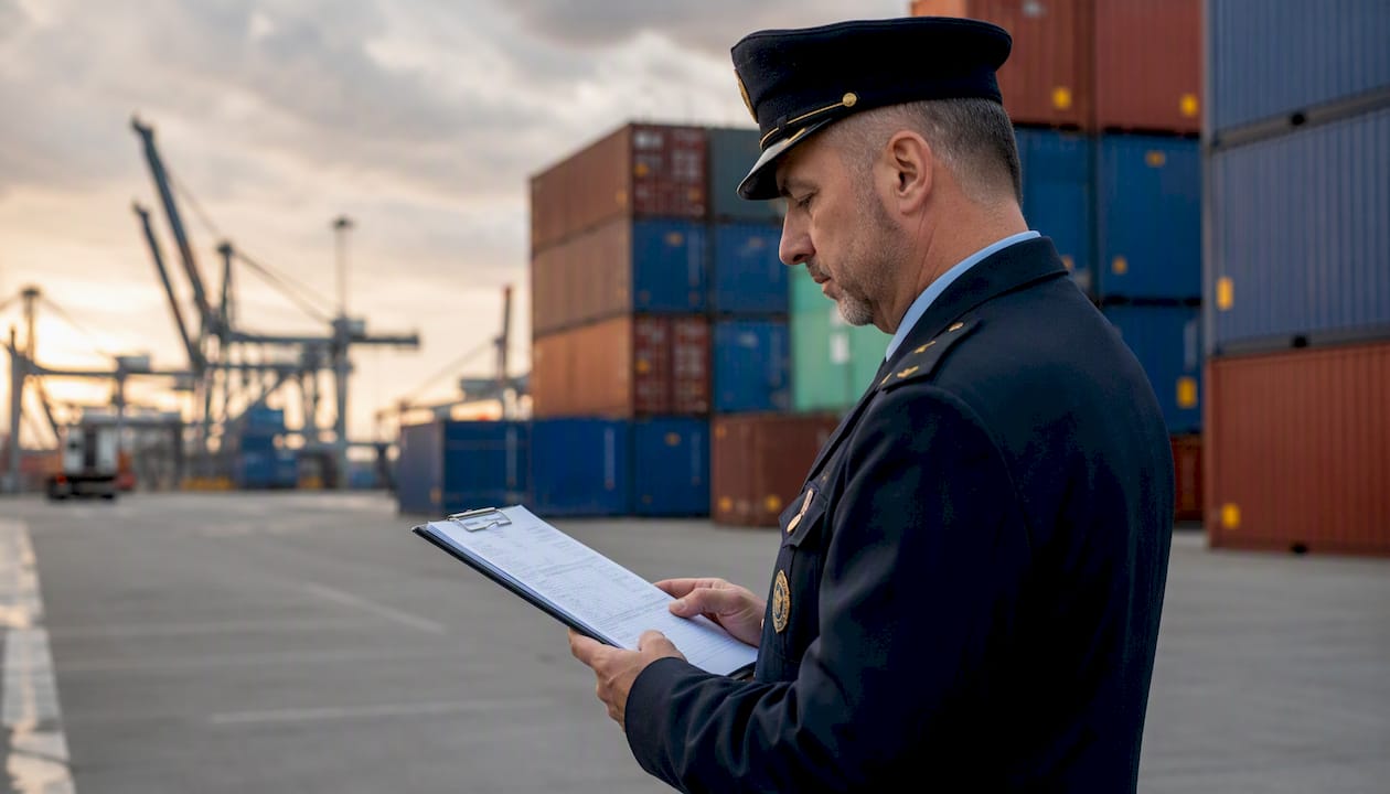 Customs officer inspecting freight documents