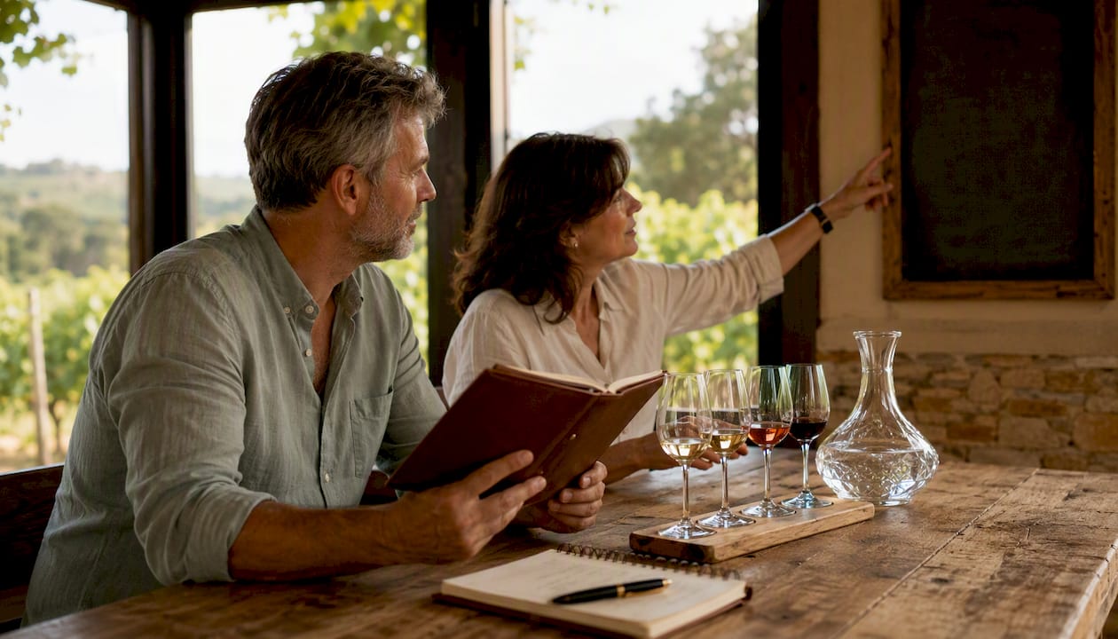 Couple planning winery tasting reservations