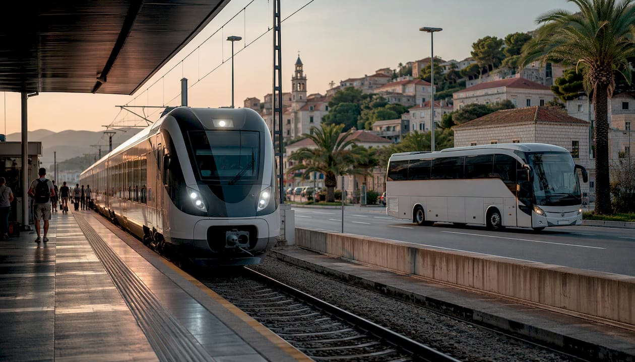 Intercity transport hub with train and shuttle bus