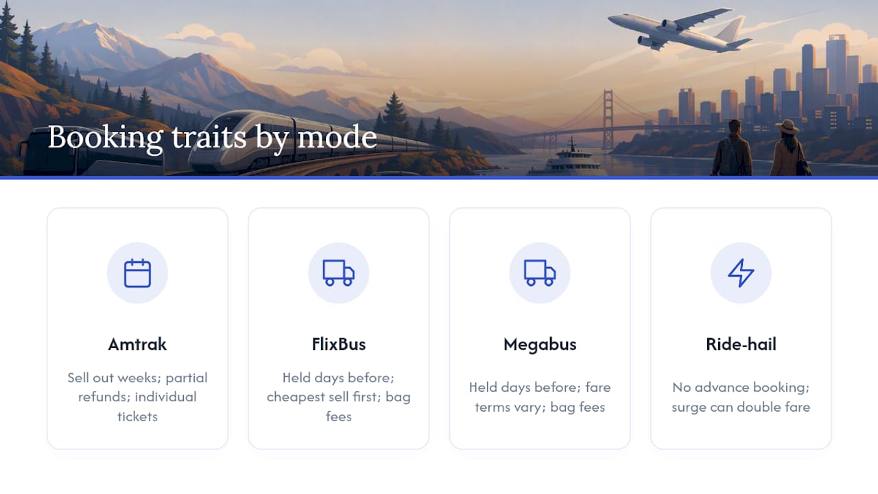 Diagram comparing US intercity transport booking and pricing factors