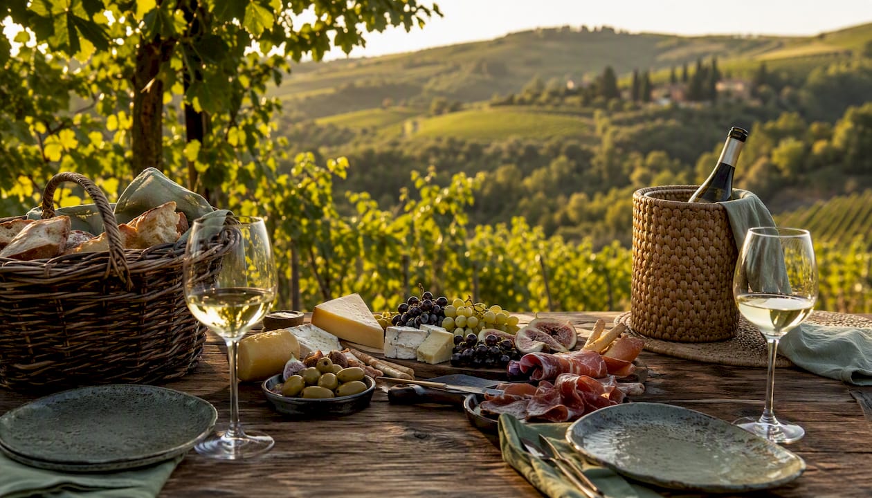 Vineyard picnic table with cheese and wine