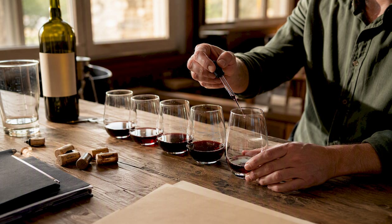 Hands blending Pinot Noir wine samples
