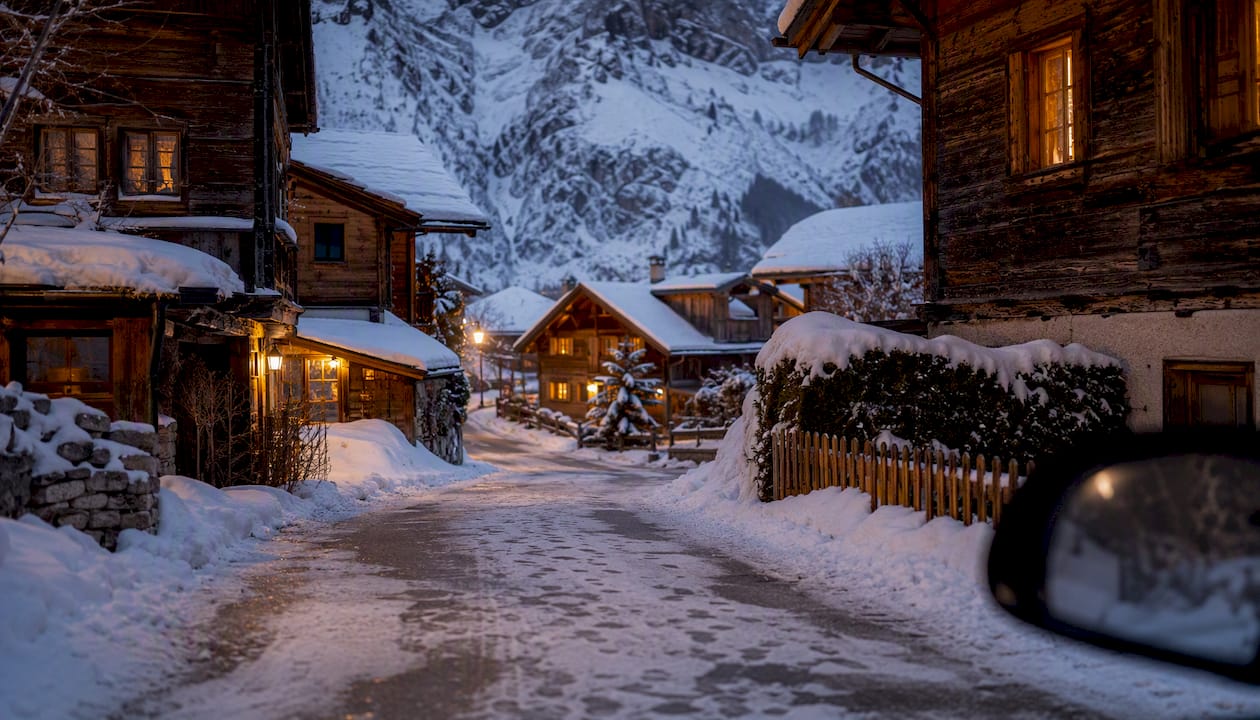 Snowy alpine village street with chalets