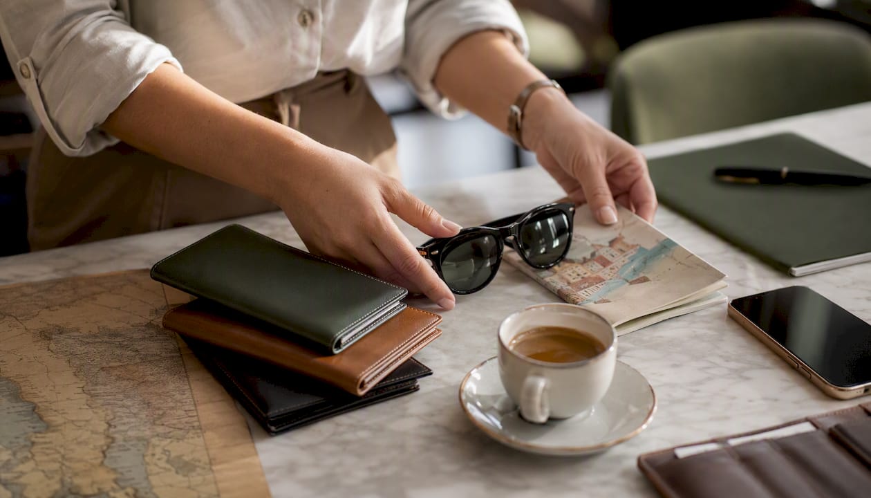 Hands arranging travel accessories and map on table