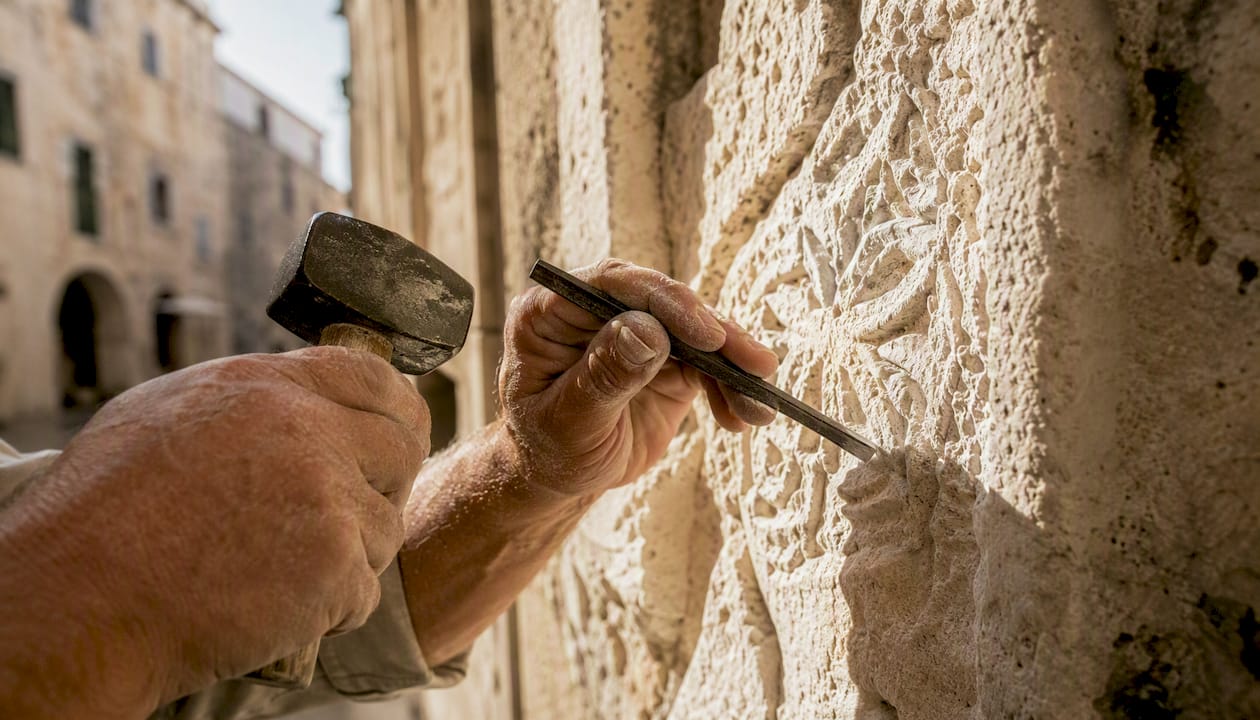 Artisan carving stone on historic building