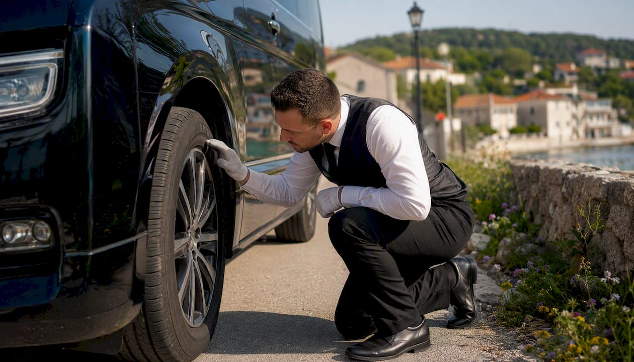 Chauffeur inspecting vehicle tire