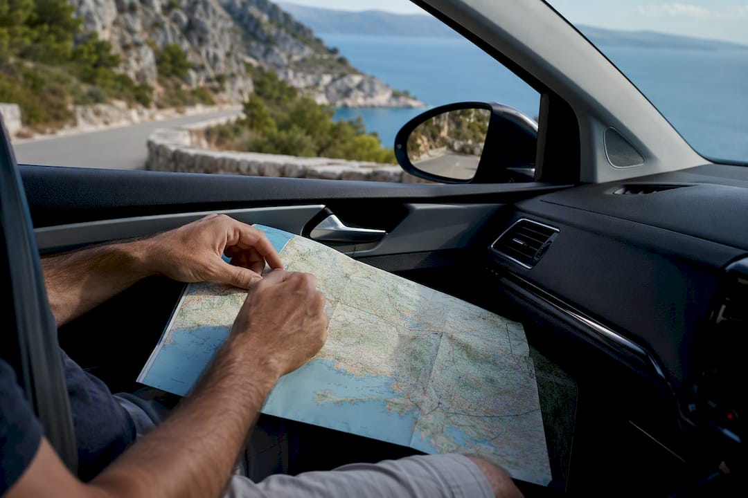 Driver adjusting map on coastal road stop