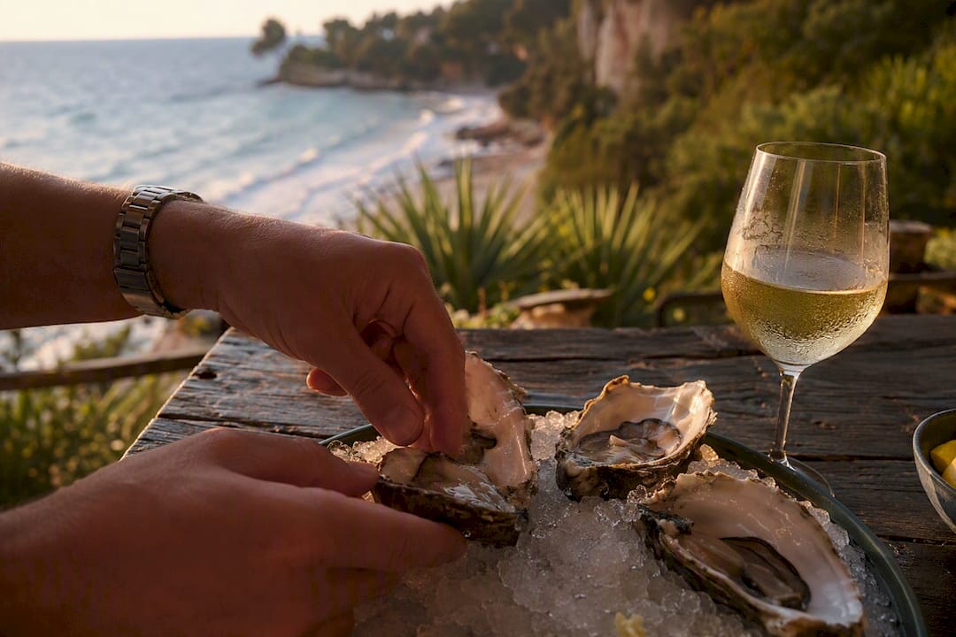 Oysters and white wine on seaside table