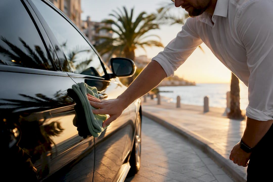 Driver adjusting vehicle side mirror pre-trip