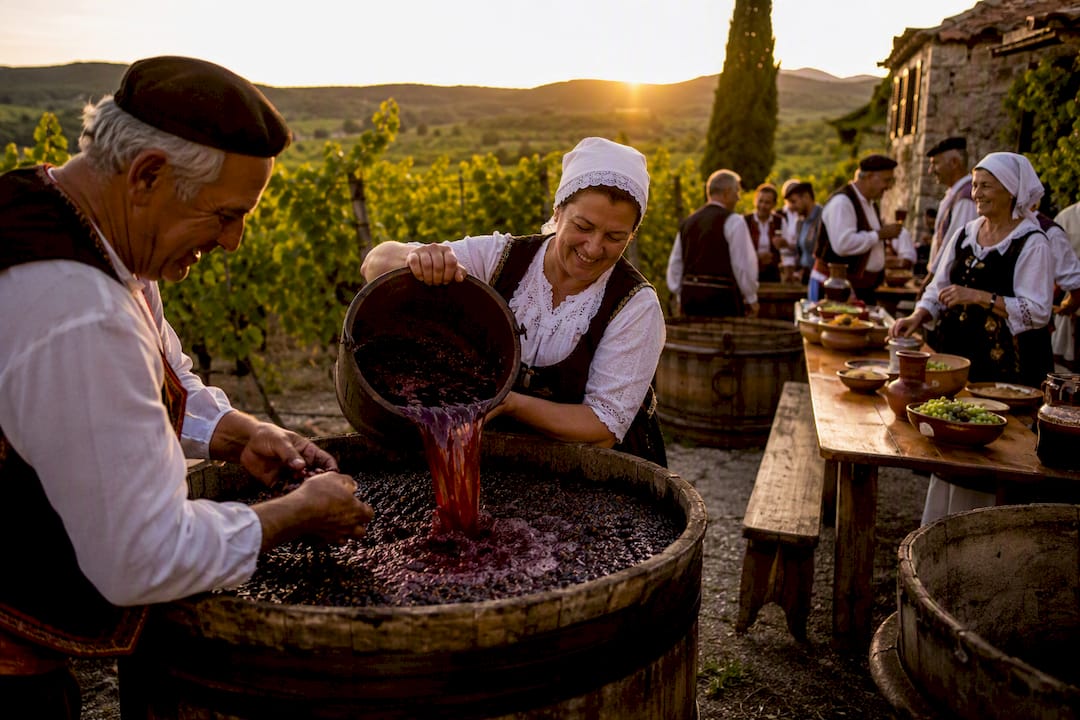 Hands filling wine barrels at harvest festival
