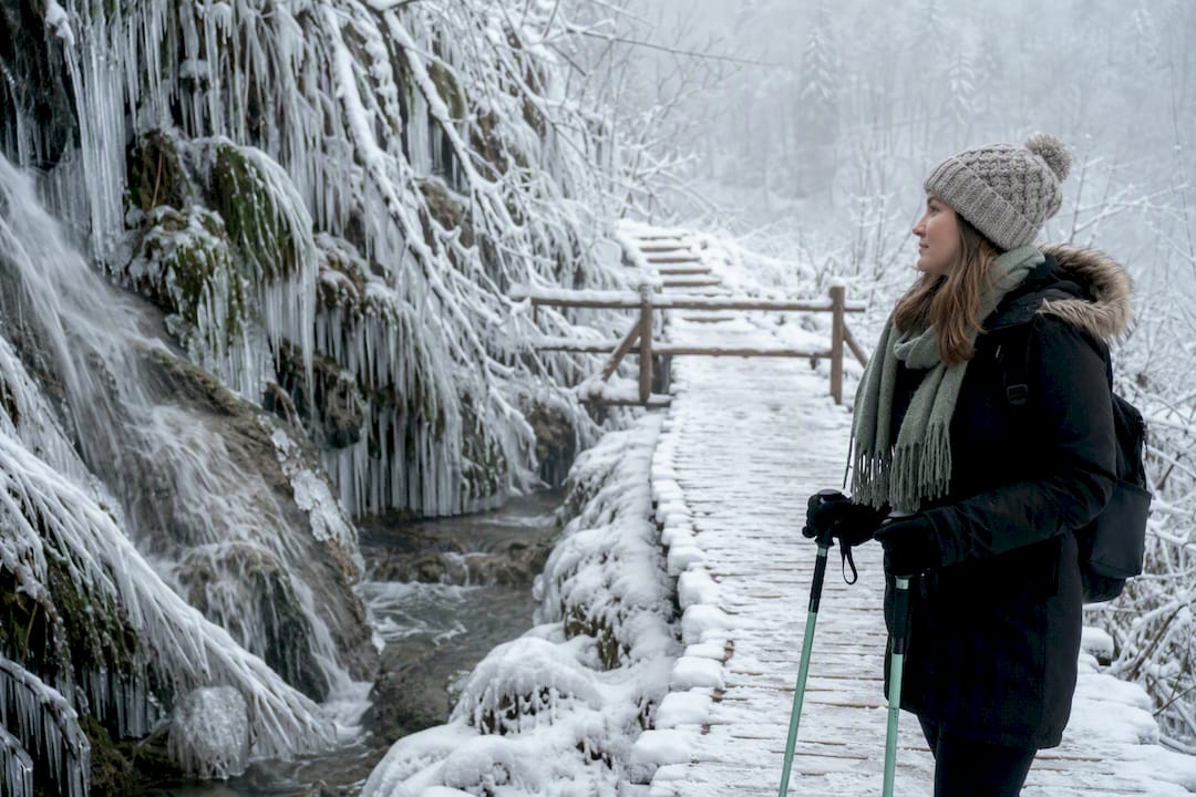 Snowy icy boardwalk at Plitvice Lakes