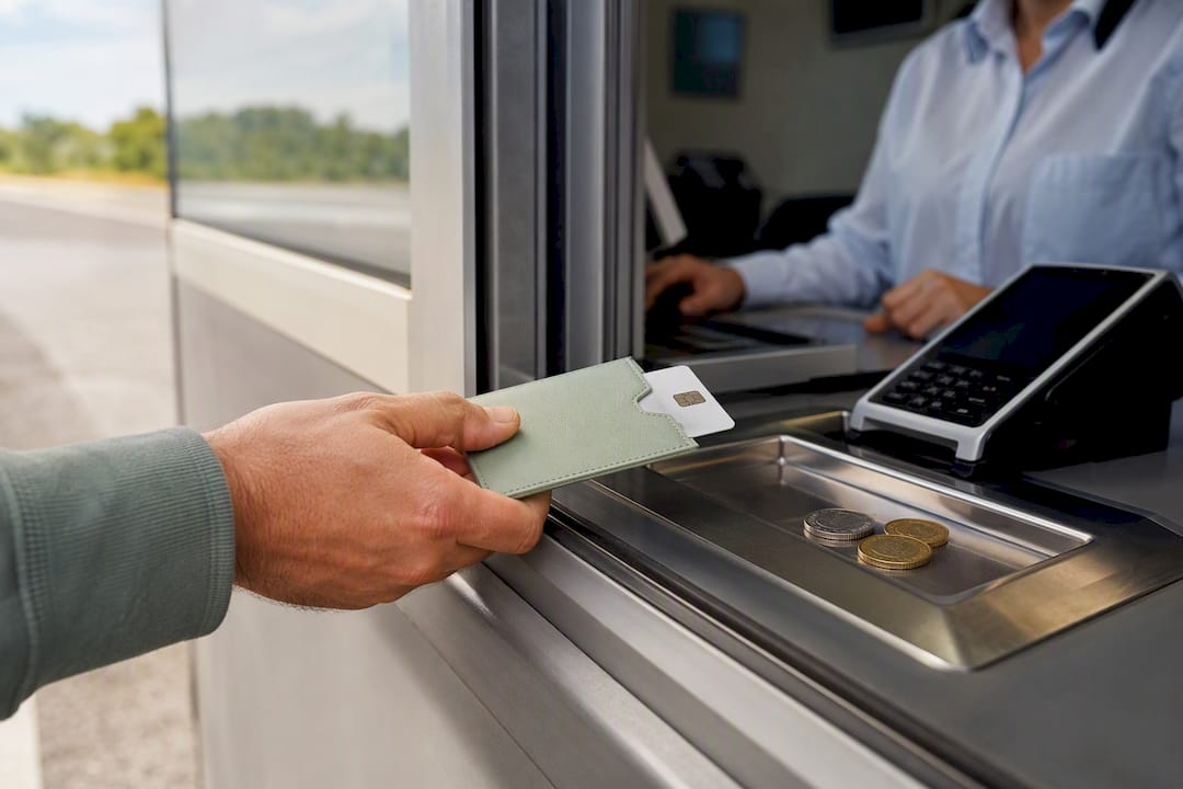 Traveler paying motorway toll with card and cash