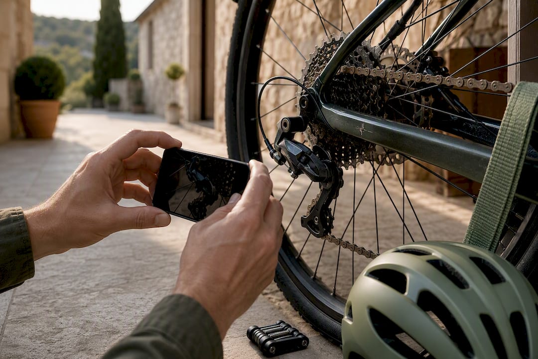 Cyclist inspecting derailleur before transfer
