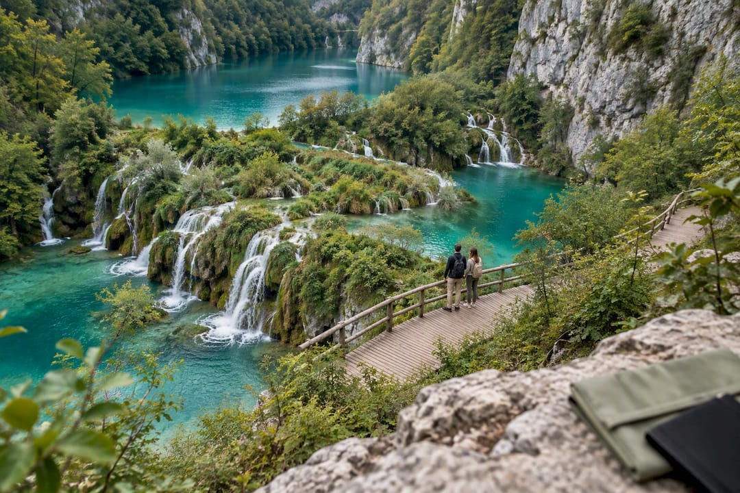 Travelers overlooking Plitvice Lakes waterfalls