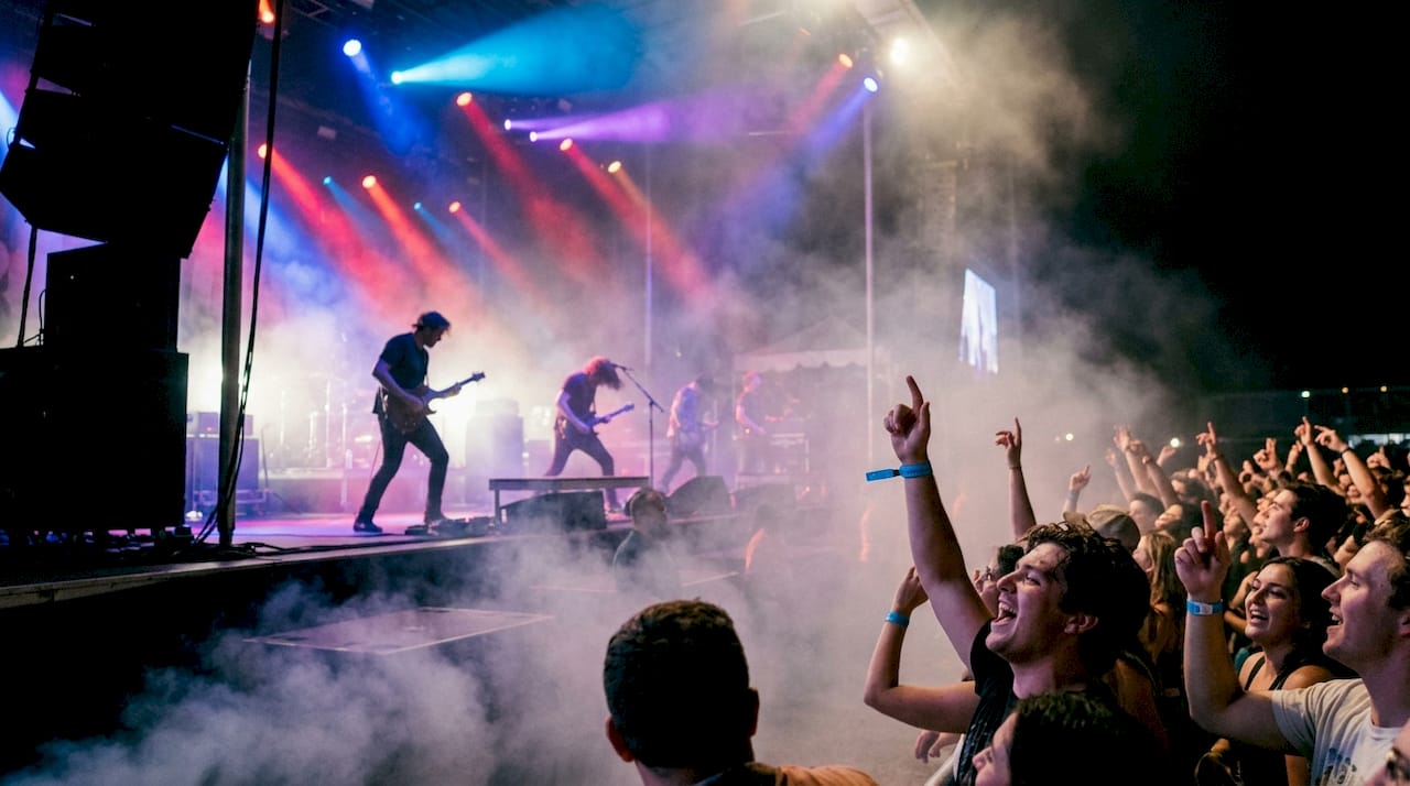 Colorful dramatic stage lighting at live event