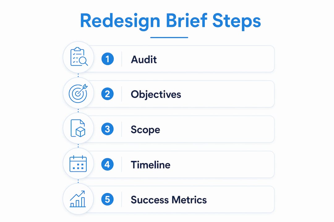 Infographic illustrating steps for website redesign brief preparation