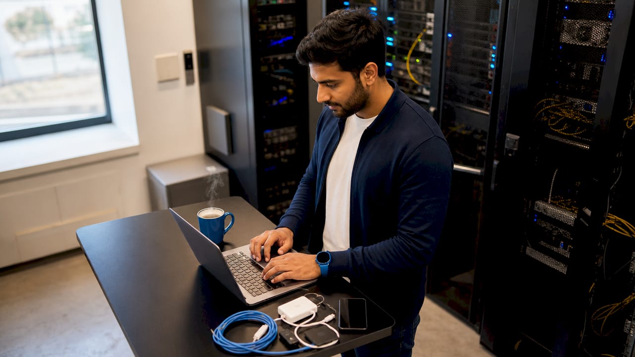 IT professional operating servers and computer