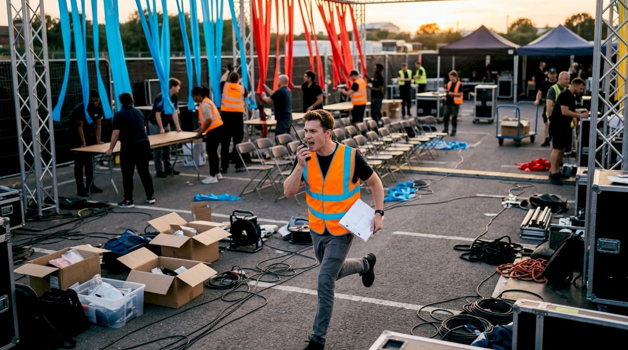 Stressed event staff coordinating late setup in venue hallway