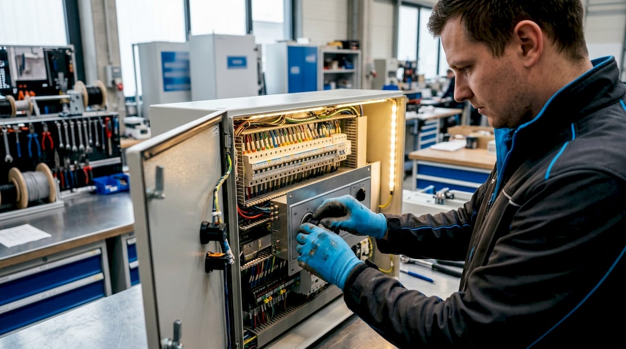 Hands adjusting standby power transfer switch panel