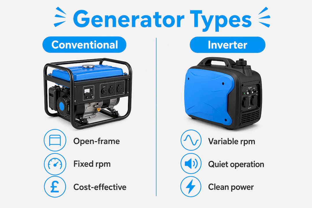 Infographic comparing conventional and inverter generators for events