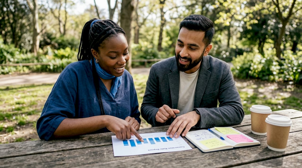 Two marketers analyzing conversion rate report