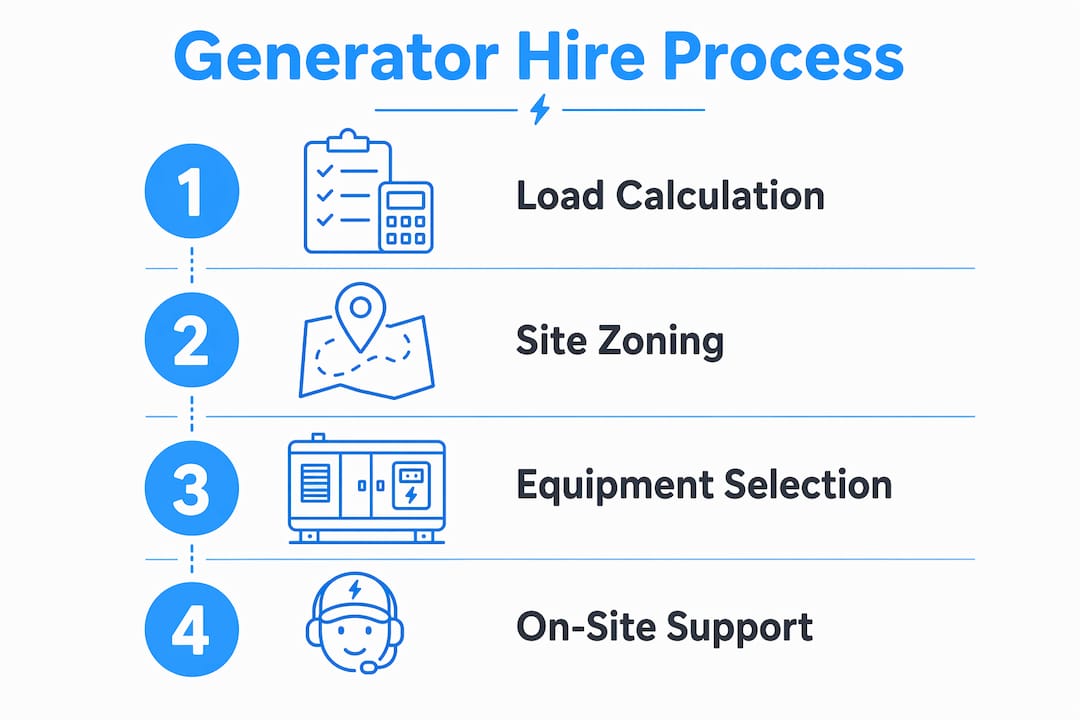 Infographic showing four steps of generator hire process