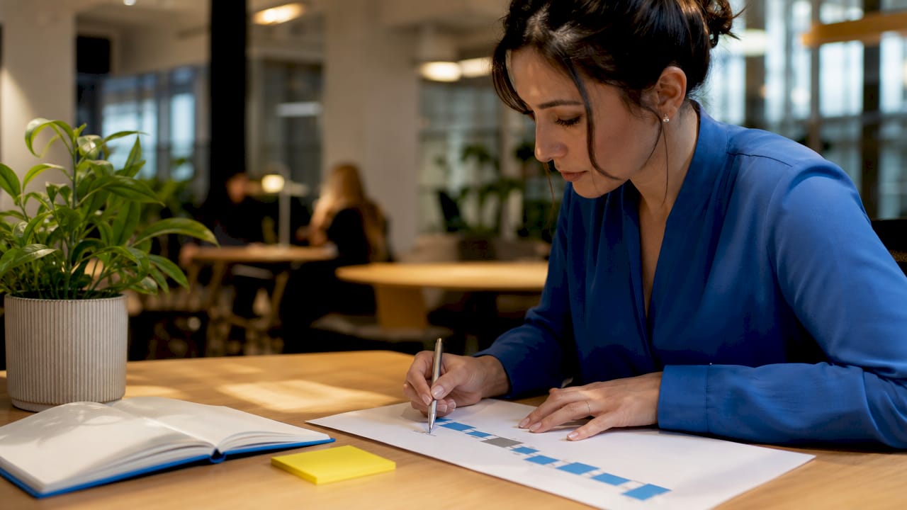 Hands pointing at waterfall chart on desk
