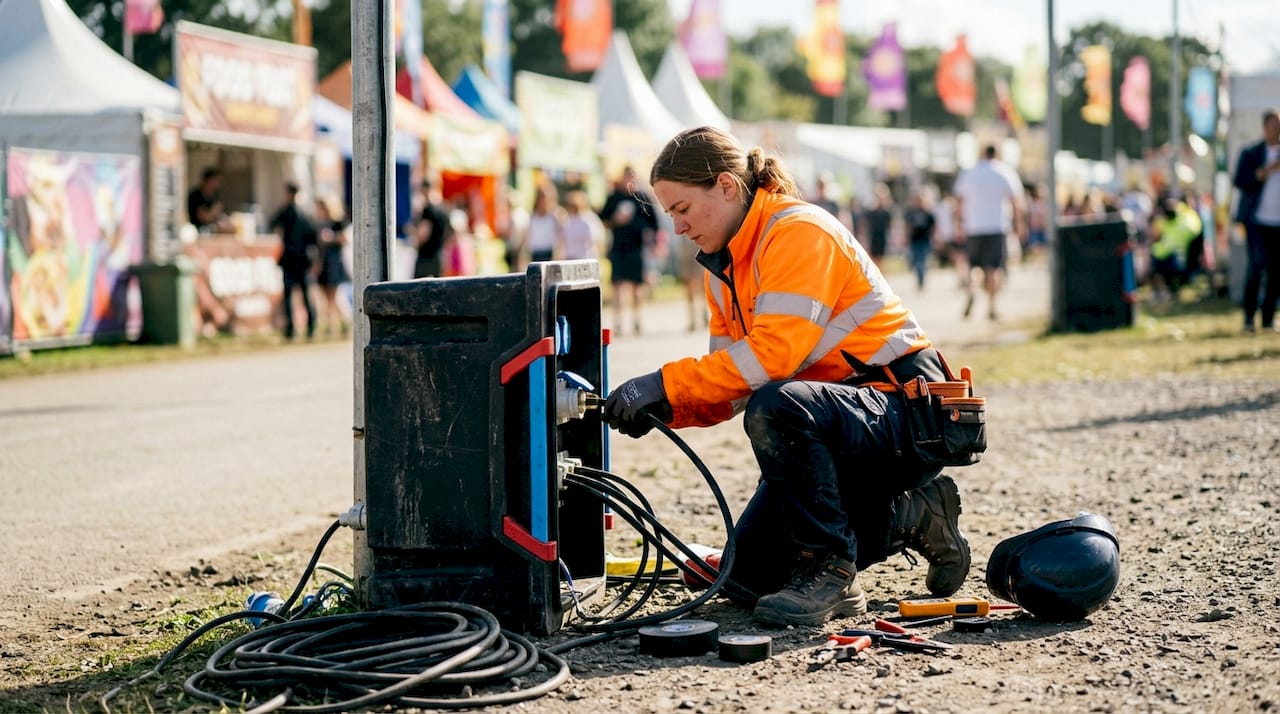 Electrician connecting cables to festival distro outdoors