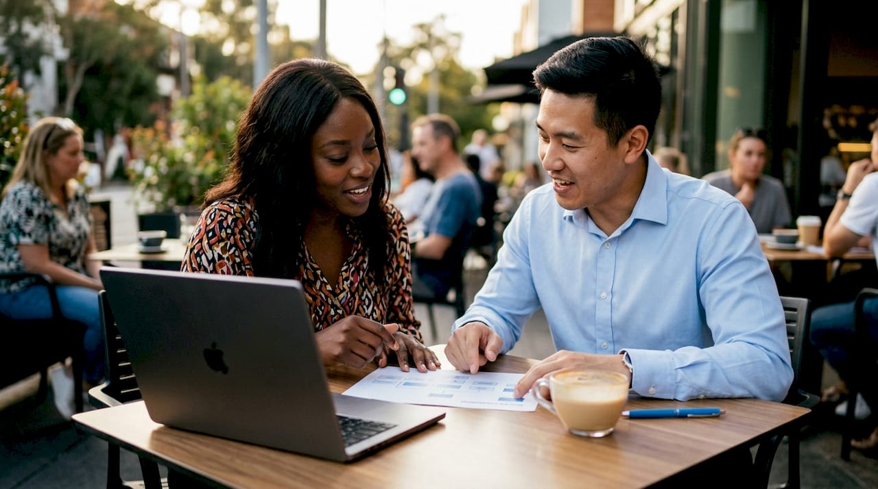 Two professionals discussing site navigation flowchart