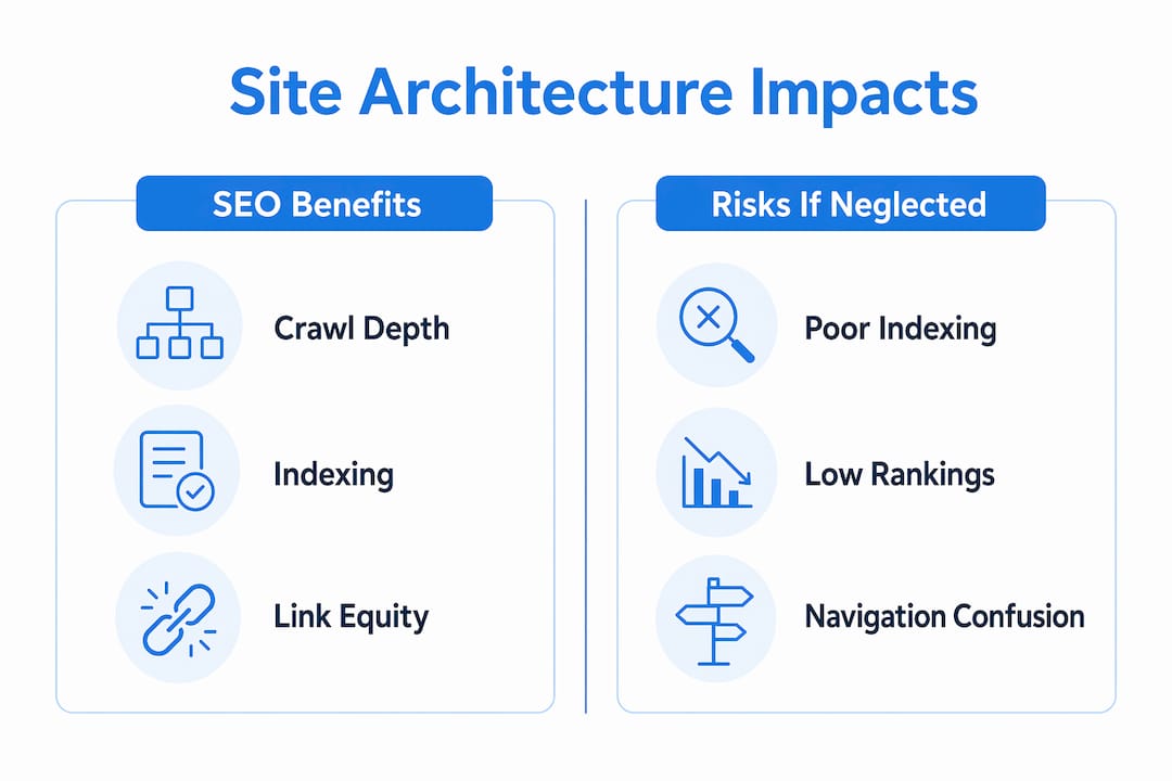 Infographic comparing SEO benefits and risks of site architecture