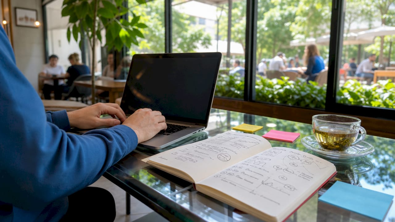 Close-up hands typing with notebook and tea