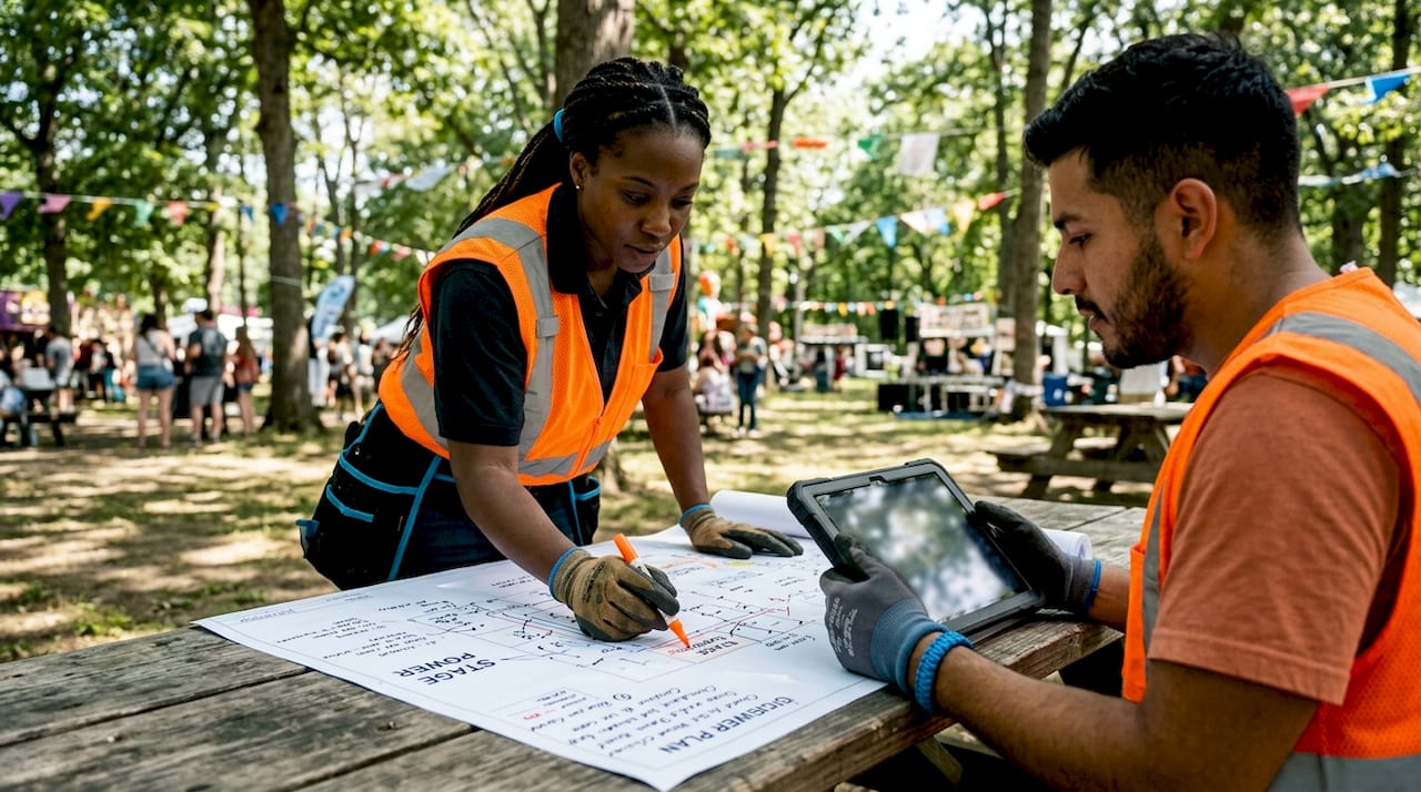 Team reviewing event power setup plan outdoors