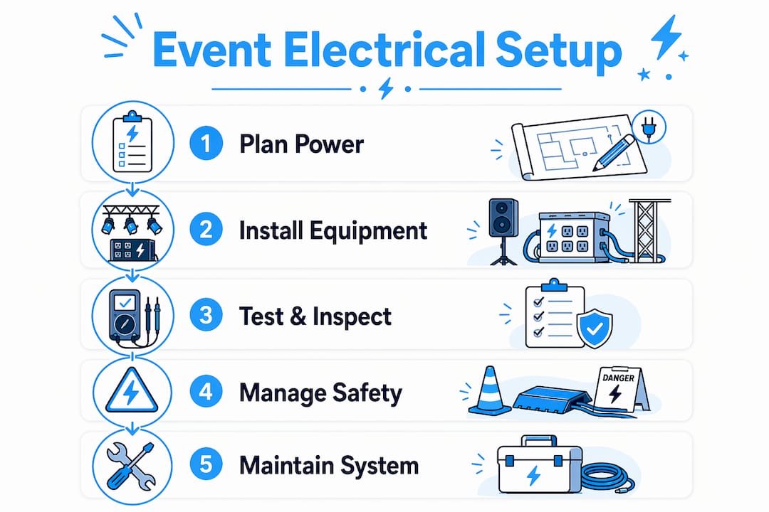 Infographic outlining electrical contractors’ event setup steps