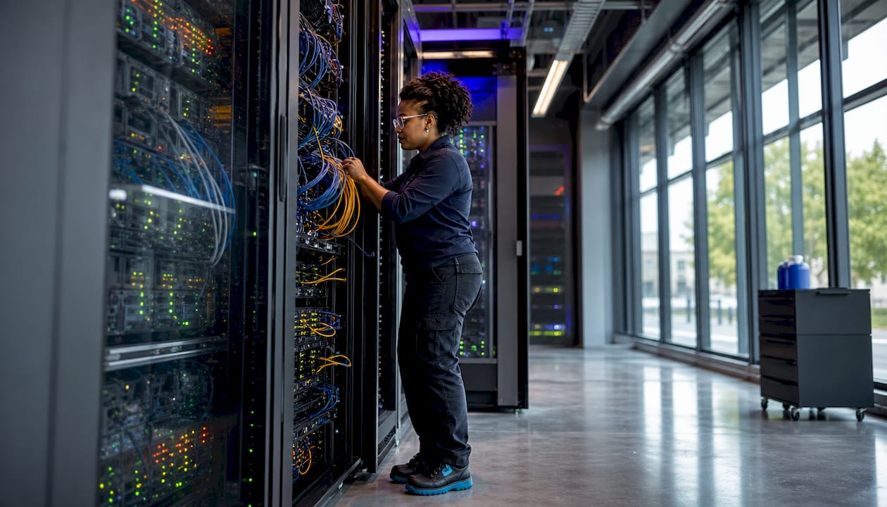 Network engineer connecting server cables