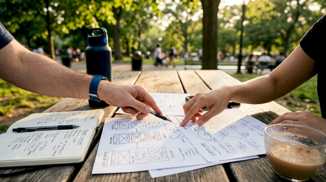 Hands pointing at website redesign wireframes