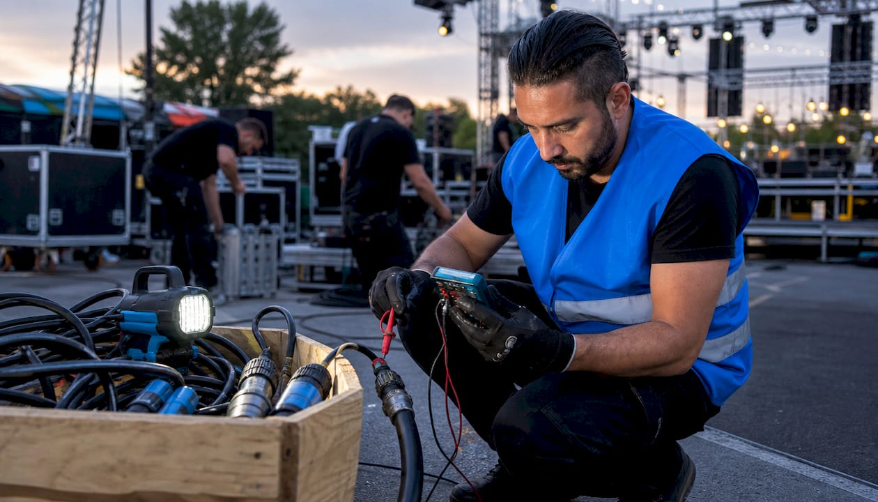 Electrician testing cables backstage
