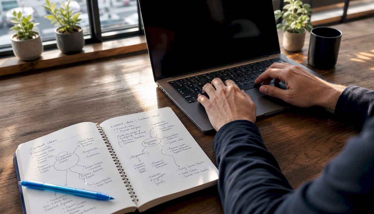 Hands typing near SEO keyword notes on desk