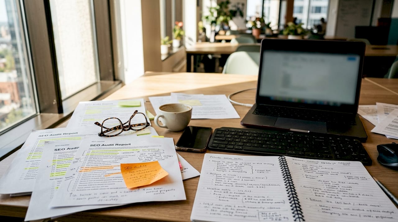 Overhead view of SEO audit workspace with documents