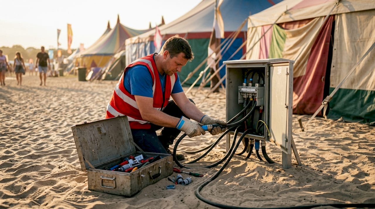 Electrician connecting cables at event power box