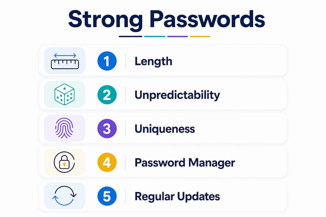Infographic illustrating elements of strong passwords